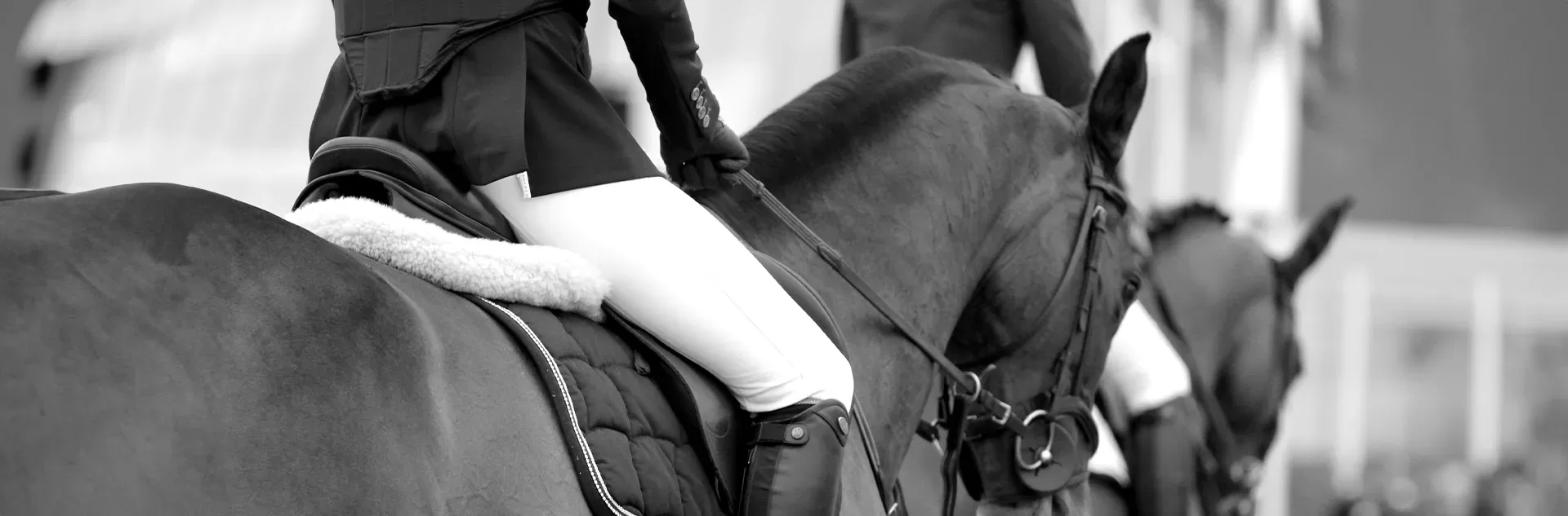 A close-up of a woman's leg in equestrian gear positioned on a horse.