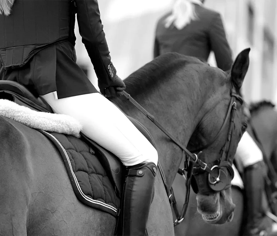 A close-up of a woman's leg in equestrian gear positioned on a horse.