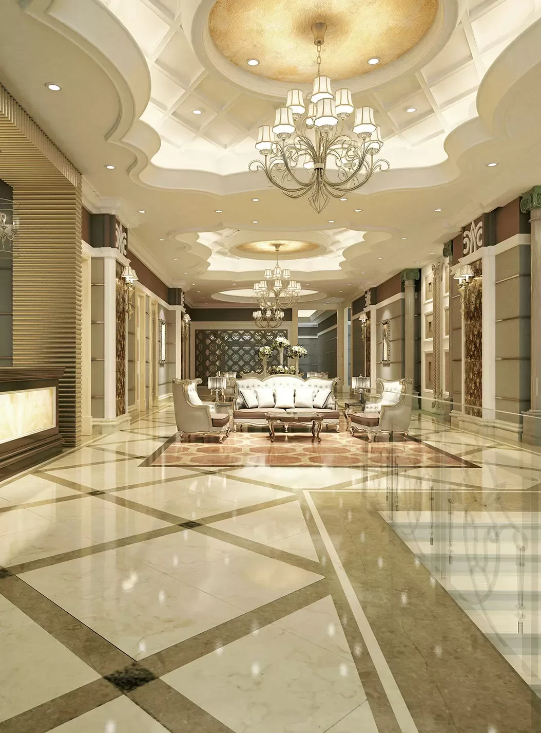 A luxurious hotel lobby with marble floors, elegant chandeliers, cream and gold decor, and a central seating area with plush armchairs and sofas around a coffee table.