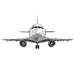 Black and white drawing of a commercial airplane viewed from the front, showing the nose, cockpit windows, wings, and two engines.