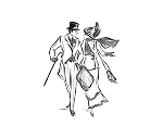 Black and white sketch of a man and woman dancing closely together; the man wears a suit and hat, while the woman wears a dress and hat, with a flowing scarf trailing behind her.