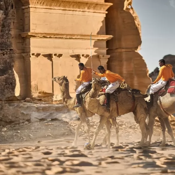Several racers on camels sprint across the desert, showcasing the excitement and tradition of camel racing.
