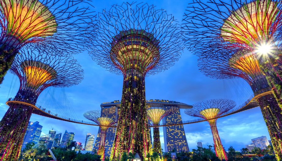 Futuristic garden with towering structures resembling trees, illuminated against a twilight sky. A cityscape is visible in the background, with a prominent building featuring a unique ship-like structure on top.