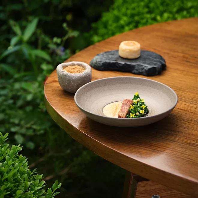 A gourmet dish with meat, sauce, and greens is served in a beige bowl on a wooden outdoor table, accompanied by a small round bread on a black slate and a bowl of brown sugar. Green foliage surrounds the scene.