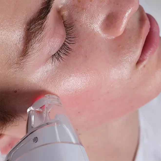 Close-up of a person receiving a facial laser treatment. A hand-held device emits a red light touching the skin near the persons eye. The individuals eyes are closed, and their skin appears smooth and slightly flushed.