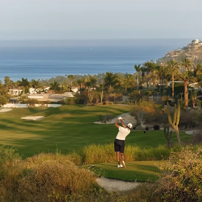 A golfer wearing a white shirt and black shorts swings a club on a lush green course with palm trees. The scene overlooks a coastline with blue ocean and distant hills, under a clear sky.