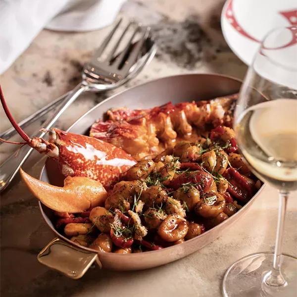 Luxury signature dish of lobster bolognese served at  Il Gattopardo in London, Mayfair