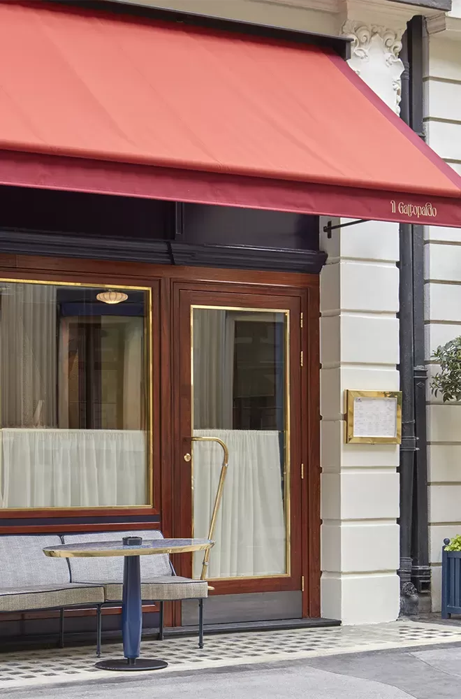 Front building exterior of luxury new restaurant Il Gattopardo in London, Mayfair