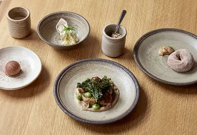 Selection of dishes displayed in plates at Apricity, London