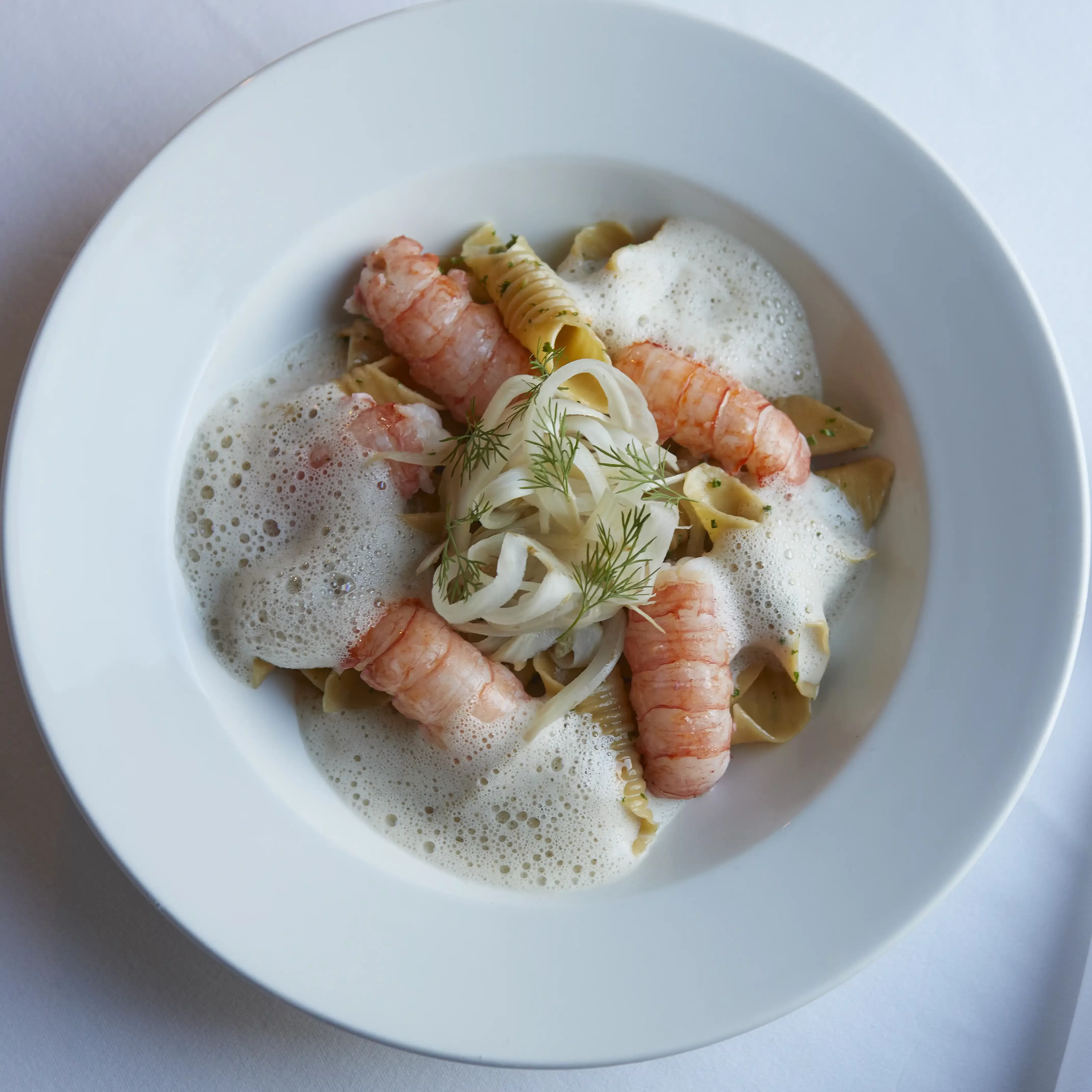 Langoustine Gargonelli served in a white plate at Boat House, Nairn