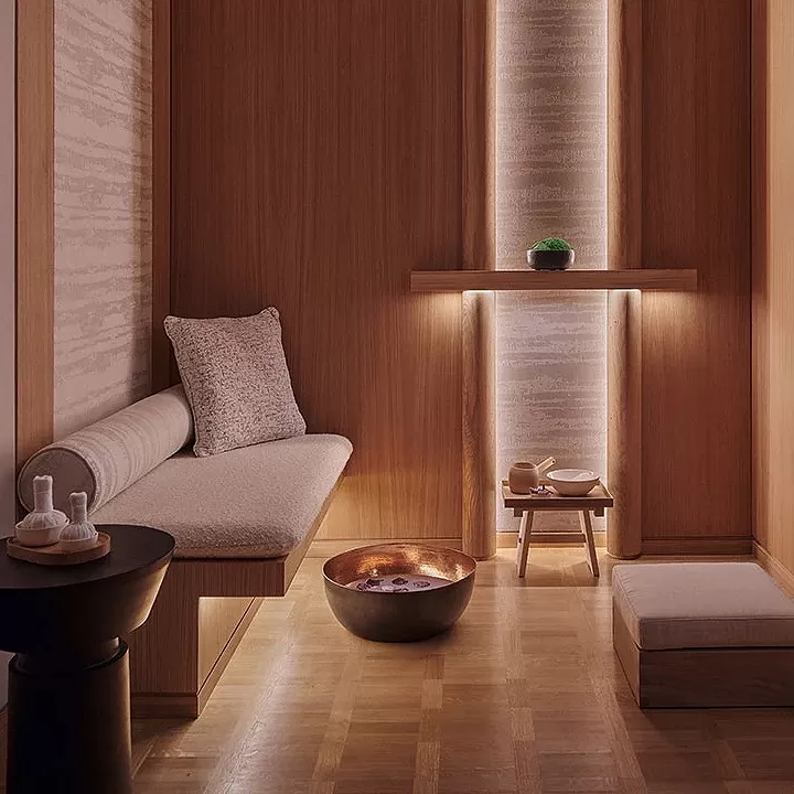 Luxury neutral and wood spa room interior at Claridge’s London