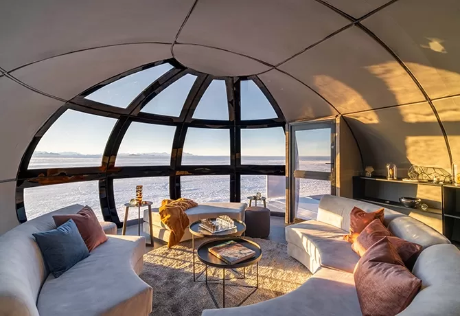 Inside luxury round interior of White Desert Echo Camp, Antarctica