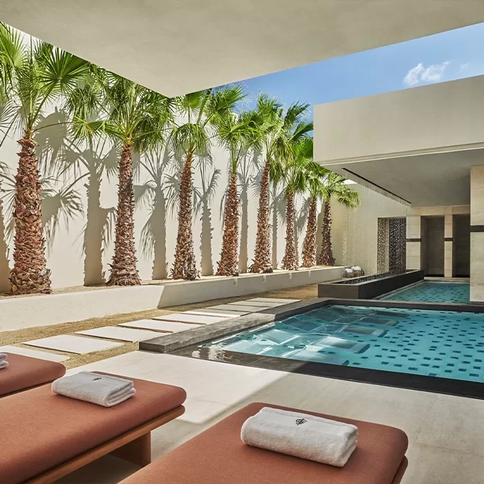 Modern outdoor spa area with a rectangular pool, brown lounge chairs with rolled white towels, palm trees lined along a white wall, and blue sky above. The setting appears calm and luxurious.