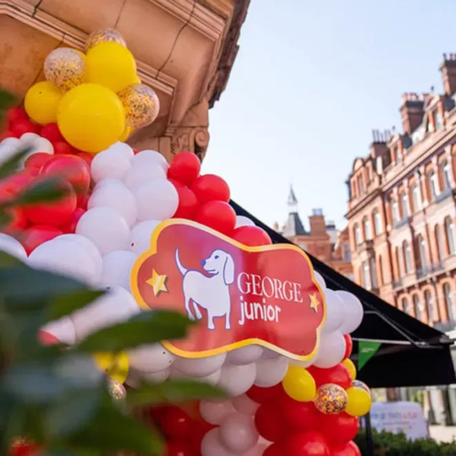 A festive balloon display with red, white, and yellow balloons forms an arch around a sign that reads George Junior, featuring a cartoon dog. Brick buildings are visible in the background under a blue sky.
