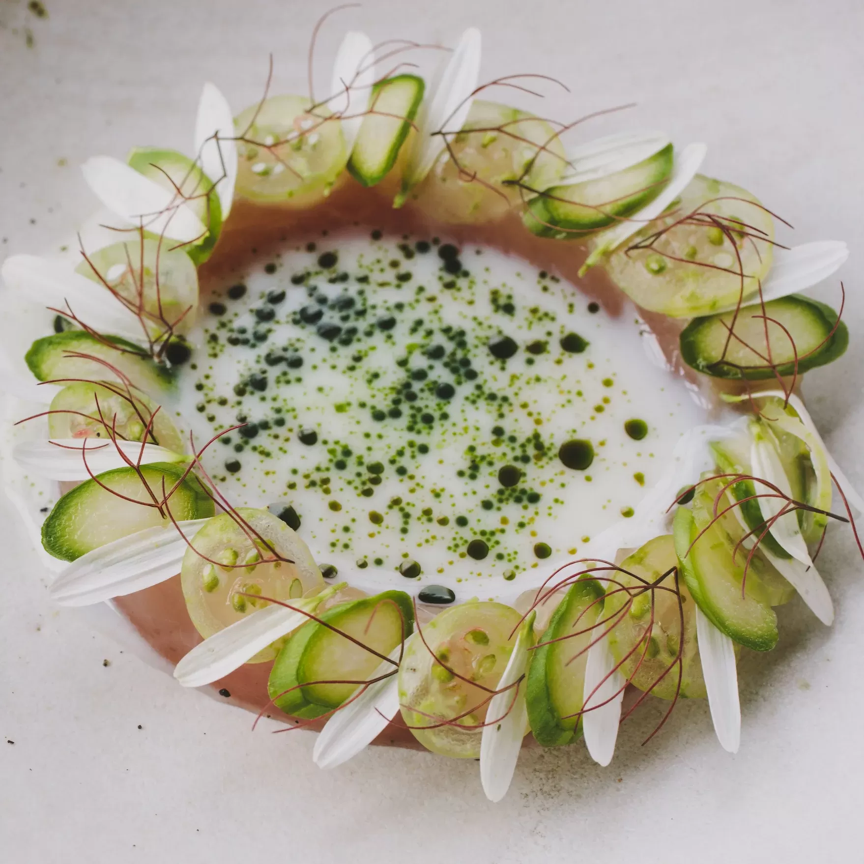 Jerusalem artichoke puree in its roasted skin, topped with apple discs, hand-dived scallops in fermented hot wax chilli sauce at Grace & Savour