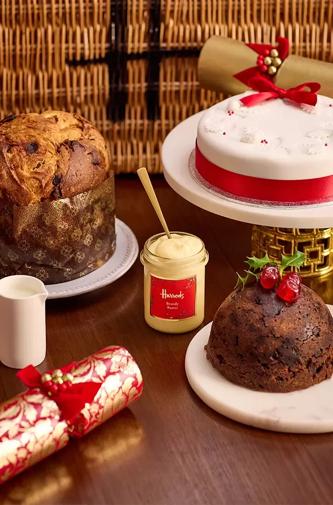 Christmas food on a table from the Harrods The Celebration of Christmas Hamper