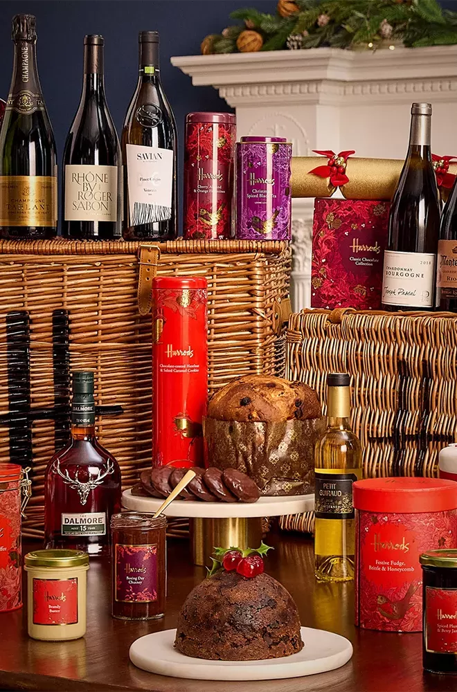 Christmas food on a table from the Harrods The Celebration of Christmas Hamper