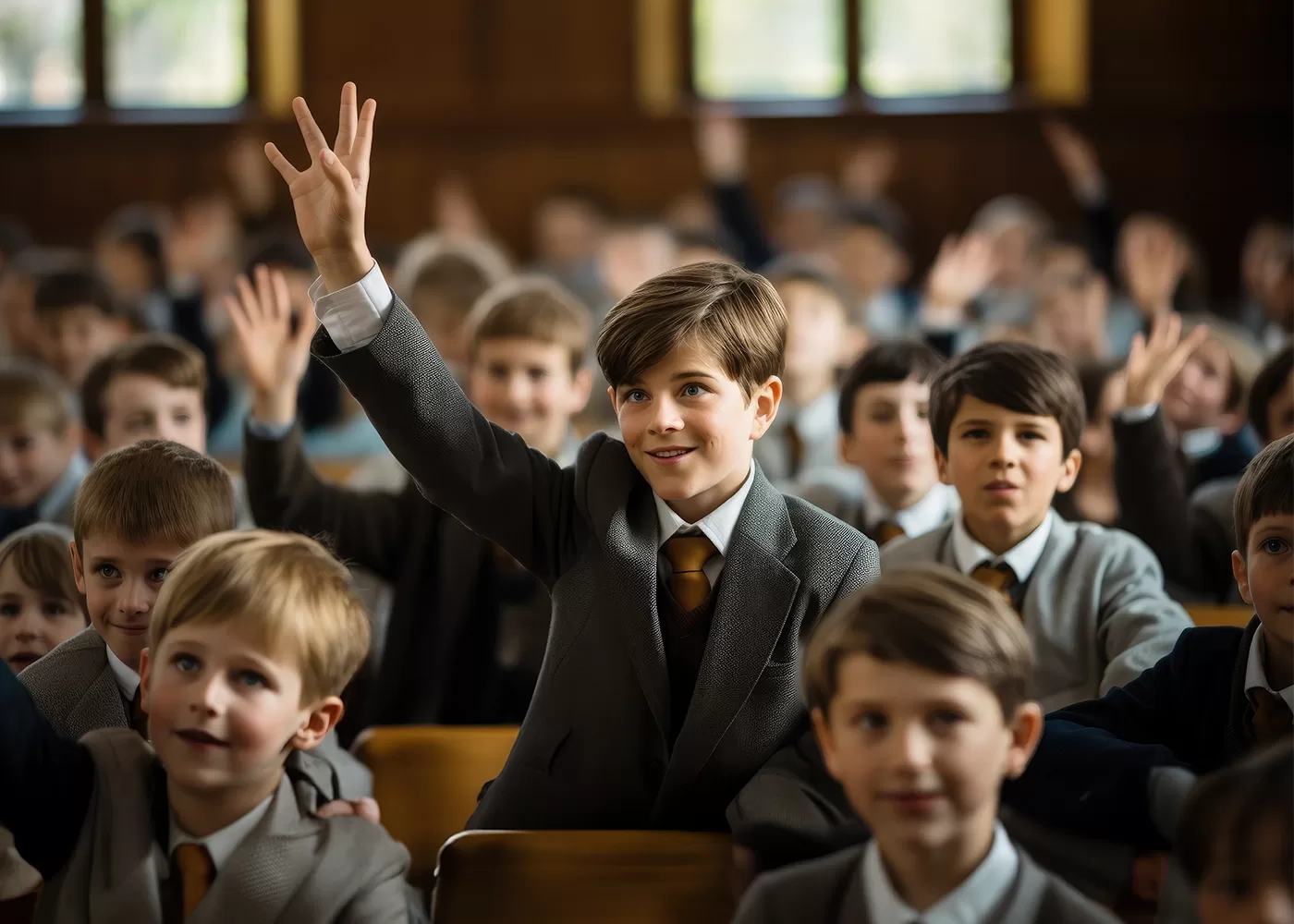 A group of schoolboys in suits and ties sit in a classroom. One boy in the center enthusiastically raises his hand, while others around him also have their hands raised, all appearing engaged and attentive.