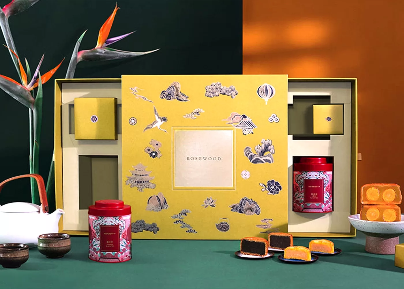 Colourful box display of an assortment of mooncakes by Rosewood, Hong Kong.