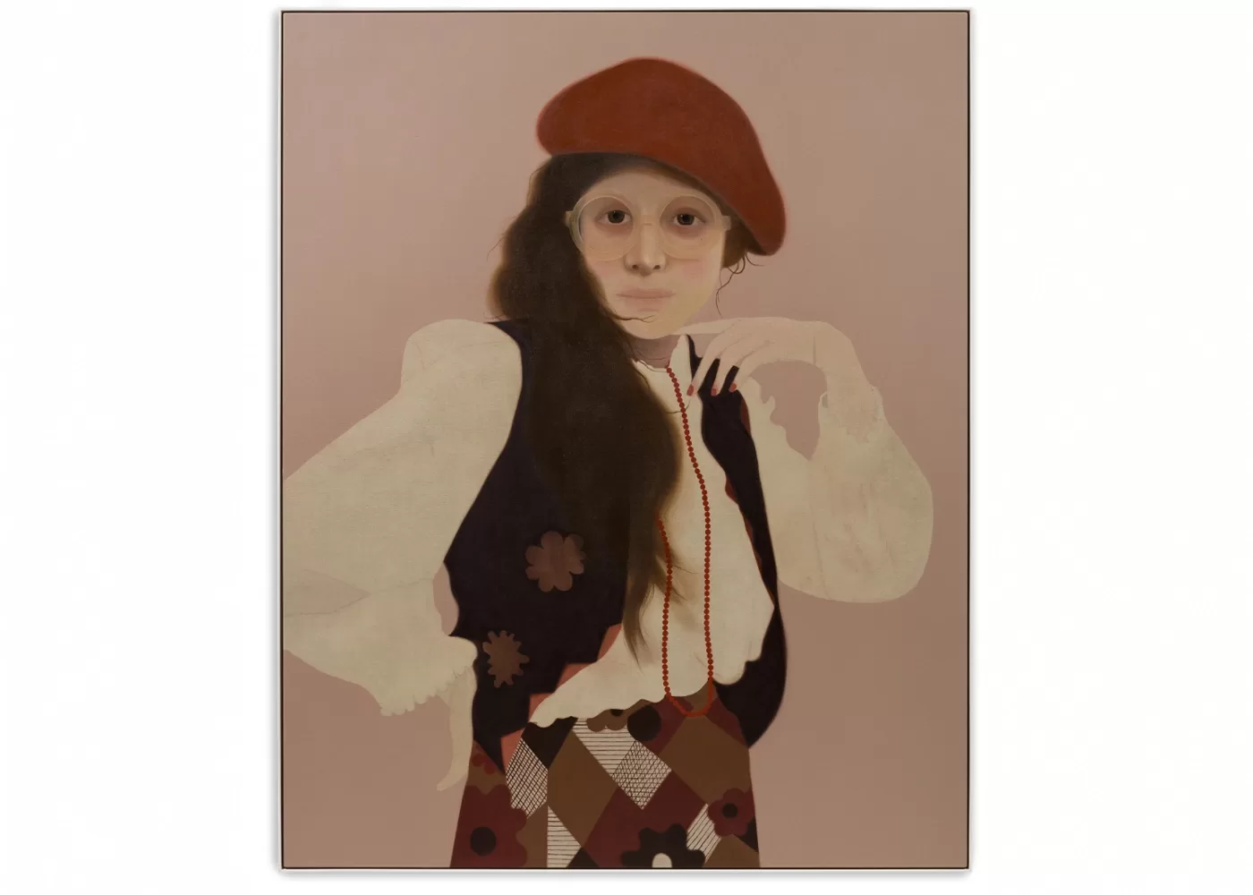 A stylized painting of a person wearing a red beret, a white blouse, and a patterned vest. They have long dark hair and oversized glasses, with a hand on their hip. The background is a pale pink - Lally, 2024 by Sarah Ball.