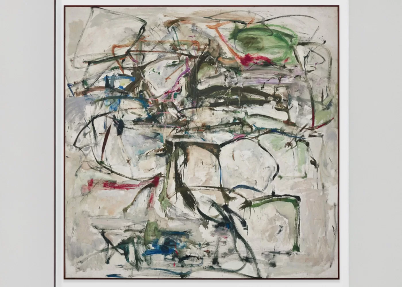 Abstract painting with a complex array of swirling lines and splashes of color, including green, blue, red, and black, on a predominantly white background. The composition is dynamic and layered, suggesting movement and energy - Untitled, c. 1958 by Joan Mitchell.