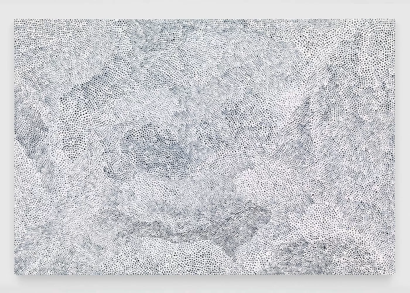 An abstract artwork featuring a dense pattern of black dots on a white background, creating an intricate and textured design that forms swirling shapes and gradients throughout the composition - Yayoi Kusama, Infinity-Nets XSHTQ, 2017,