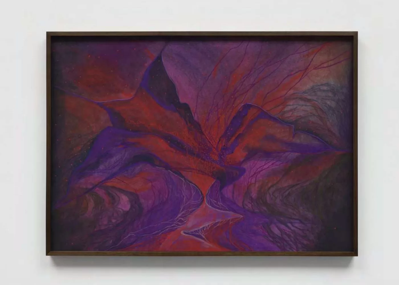 An abstract painting featuring swirling shades of purple, red, and black. Lines and shapes create a dynamic, flowing composition, framed by a narrow black border. The colors blend to form an impression of depth and movement - Life in a Pile of Compost I, 2024 by Marguerite Humeau.