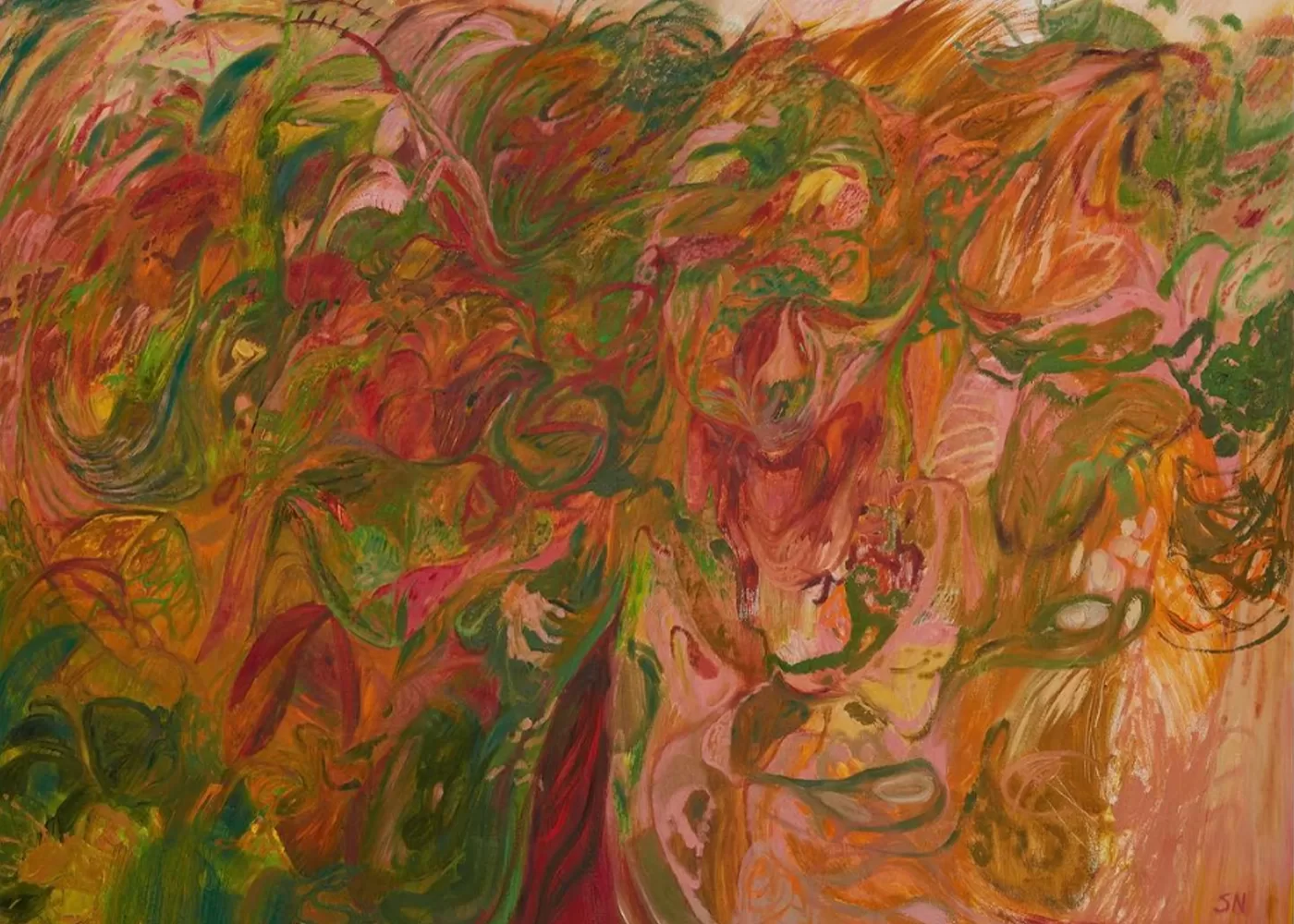 An abstract painting with swirling patterns in warm tones of red, green, and orange. The composition is dense with intricate shapes and textures, creating a sense of movement and energy across the canvas - Grasshoppers, 2024 by Soumya Netrabile.