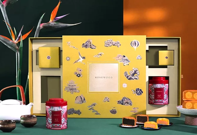 Colourful box display of an assortment of mooncakes by Rosewood, Hong Kong.