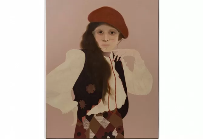 A stylized painting of a person wearing a red beret, a white blouse, and a patterned vest. They have long dark hair and oversized glasses, with a hand on their hip. The background is a pale pink - Lally, 2024 by Sarah Ball.