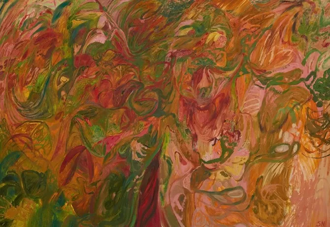 An abstract painting with swirling patterns in warm tones of red, green, and orange. The composition is dense with intricate shapes and textures, creating a sense of movement and energy across the canvas - Grasshoppers, 2024 by Soumya Netrabile.