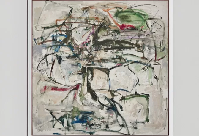 Abstract painting with a complex array of swirling lines and splashes of color, including green, blue, red, and black, on a predominantly white background. The composition is dynamic and layered, suggesting movement and energy - Untitled, c. 1958 by Joan Mitchell.