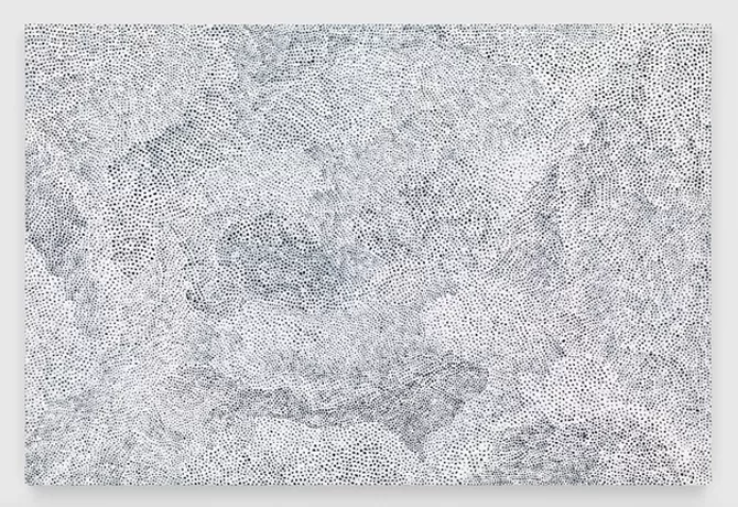 An abstract artwork featuring a dense pattern of black dots on a white background, creating an intricate and textured design that forms swirling shapes and gradients throughout the composition - Yayoi Kusama, Infinity-Nets XSHTQ, 2017,