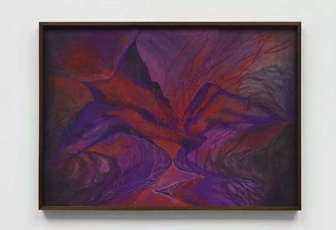 An abstract painting featuring swirling shades of purple, red, and black. Lines and shapes create a dynamic, flowing composition, framed by a narrow black border. The colors blend to form an impression of depth and movement - Life in a Pile of Compost I, 2024 by Marguerite Humeau.