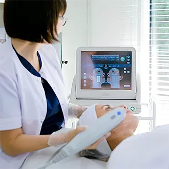 Clinician giving women facial treatment at Lucia Clinic, Dubai