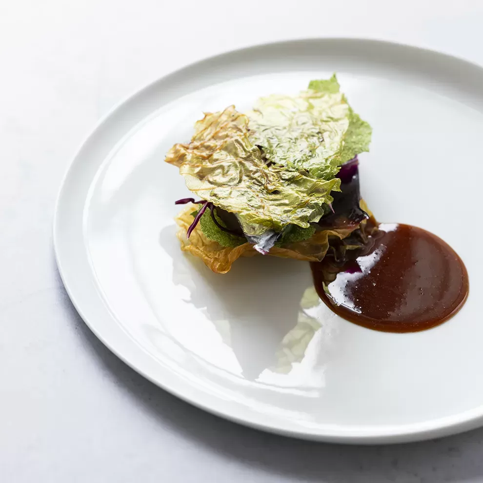 A gourmet dish featuring crisped lettuce leaves and a variety of greens, artistically arranged on a white plate. A rich, dark brown sauce is elegantly drizzled beside the greens. The setup is minimalist and sophisticated.