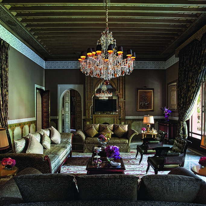 Luxury grand lounge interior at The Grand Riad, Royal Mansour, Marrakech, Morocco