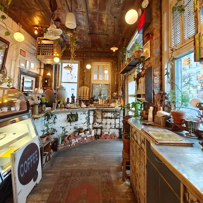 A cozy, rustic coffee shop with wooden floors, weathered walls, potted plants, hanging lights, a pastry display case, coffee sign, and large windows letting in natural light.