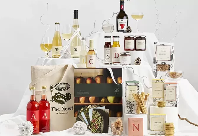 Food and drink surrounded by The Newt Somerset Cheese Cyder Hamper