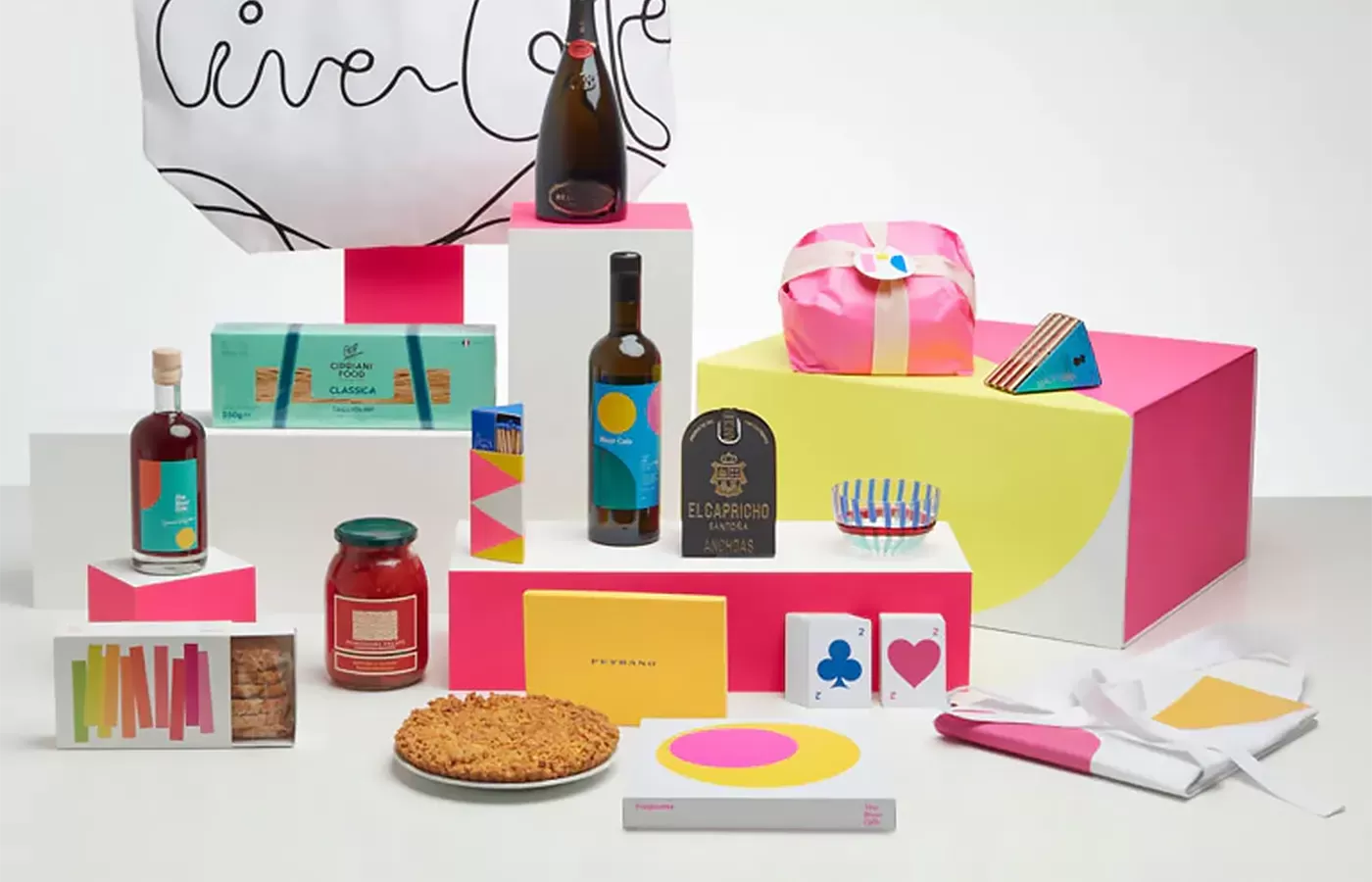 Food and drink laid out surrounding The River Cafe 2023 Extra Large Gift Box