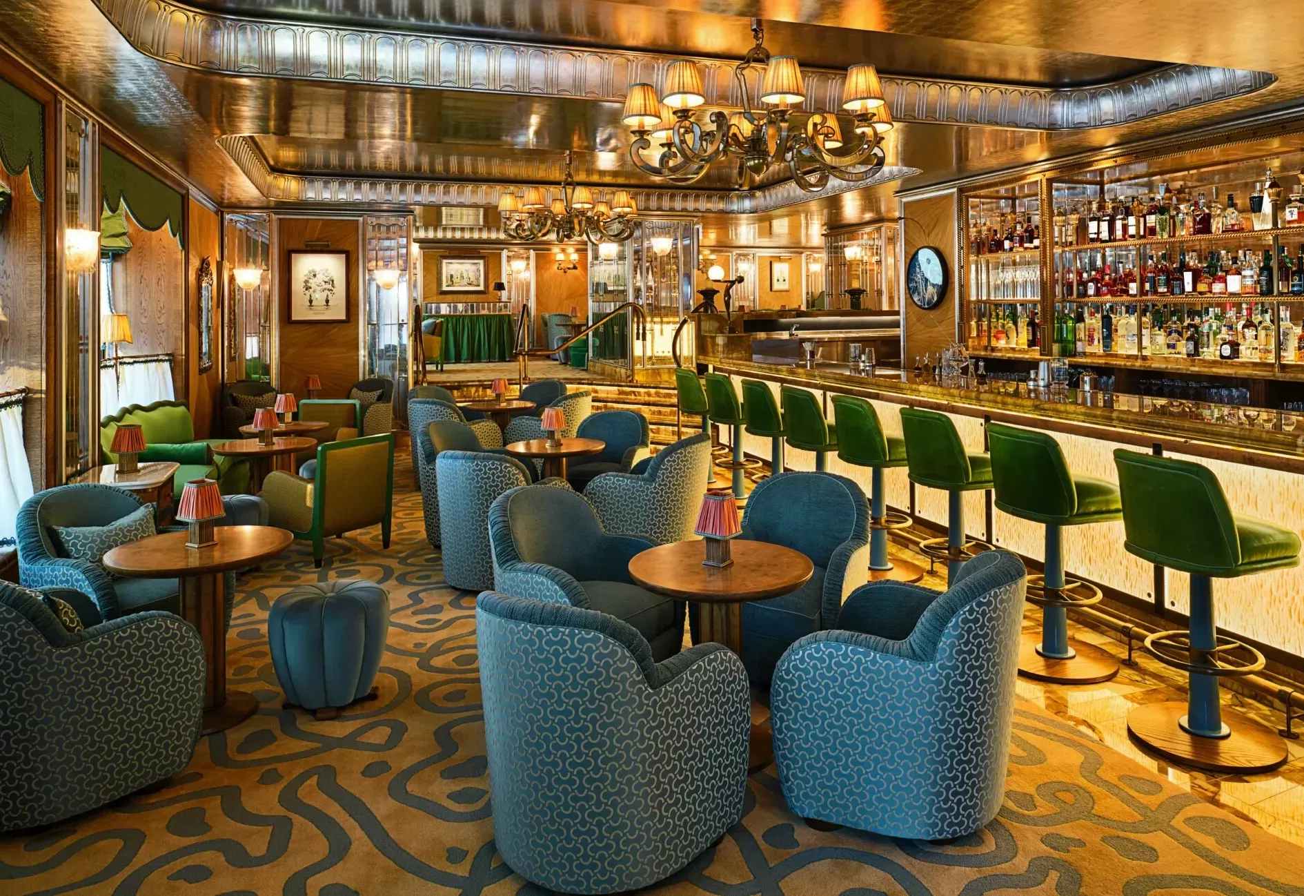 Extravagant gold, green and blue interior at James Bond Vesper Martini inspired Vespr Bar at The Dorchester, Mayfair, London