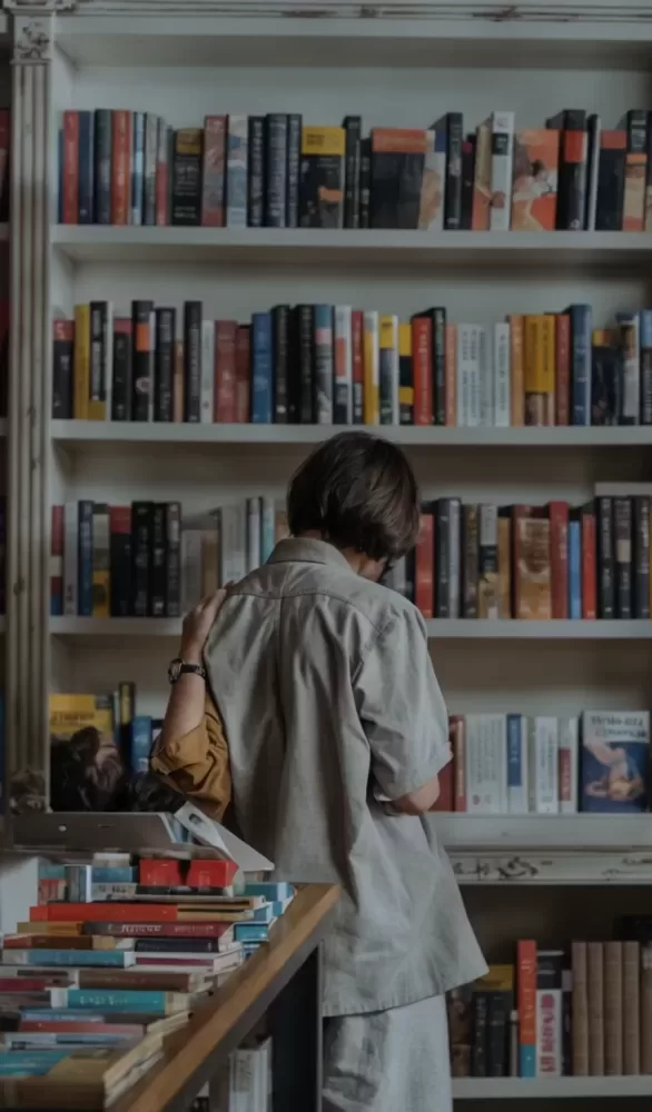 A woman looking at books on a bookshelf, in a library.