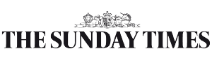 The Sunday Times logo features the newspapers name in bold, uppercase black letters with a detailed coat of arms above the text on a light gray background.