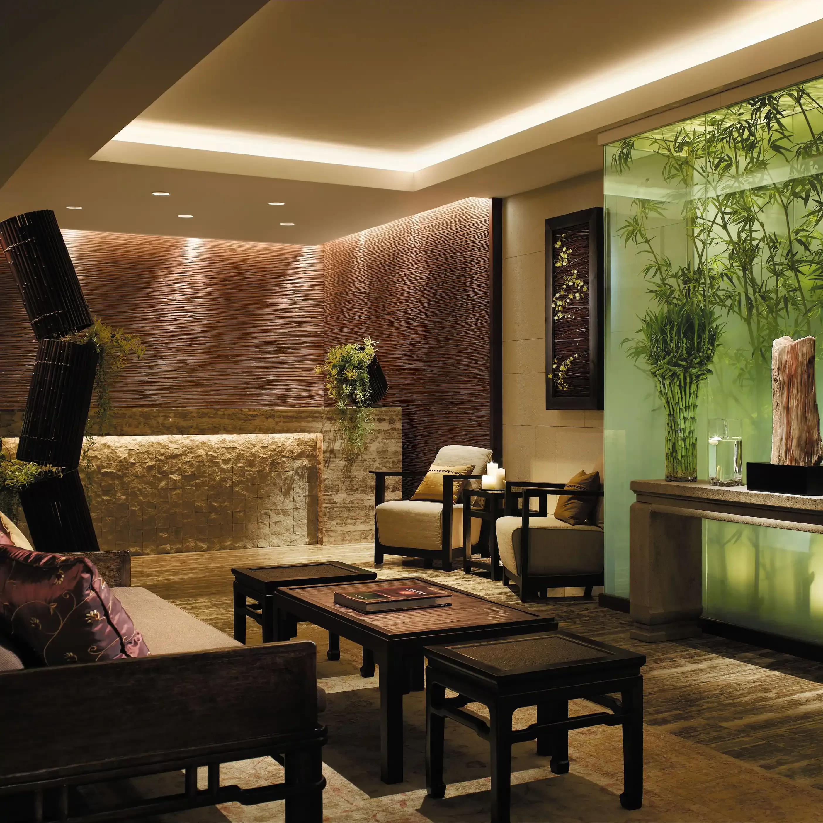Inside spa lobby seating area