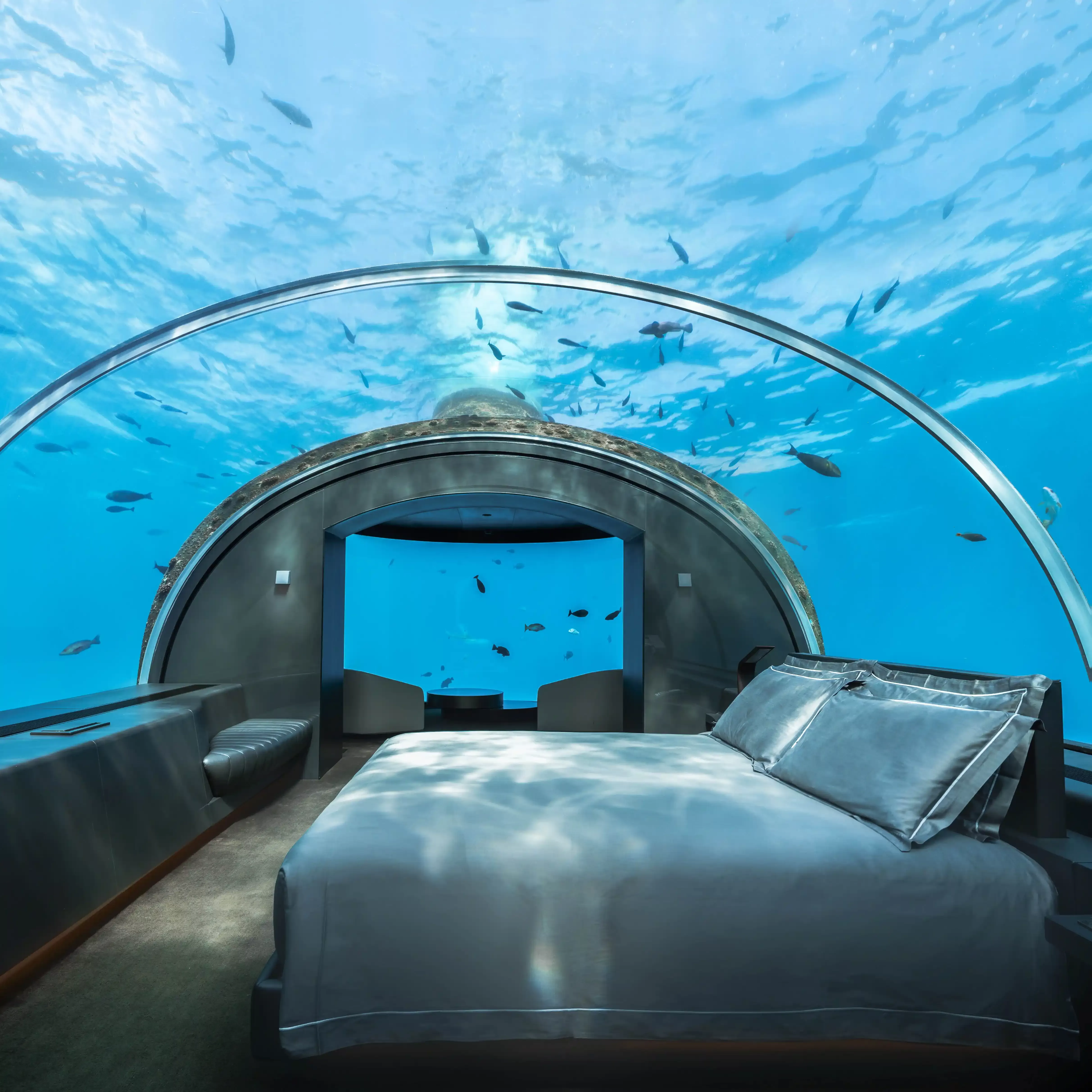 The MURAKA underwater villa with views of ocean and coral reef at Conrad Maldives Rangali Island, The Maldives